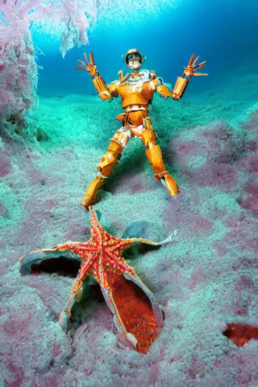 Prompt: Kodak portra 160, 8K, highly detailed, portrait, starfish pose, focus on gauze armor: famous mecha in low budget joan of arc movie remake, underwater scene