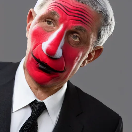 Image similar to UHD candid photo of Anthony Fauci dressed as a hitman, wearing accurate clown makeup, accurate face, UHD, photorealistic, correct face, photo by Annie Leibowitz