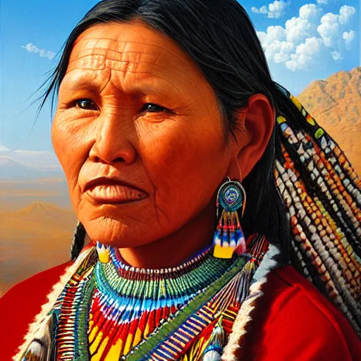 Image similar to portrait of a hopi woman ( 3 5 ) from the hopi reservation in northeastern arizona, an oil painting by ross tran and thomas kincade