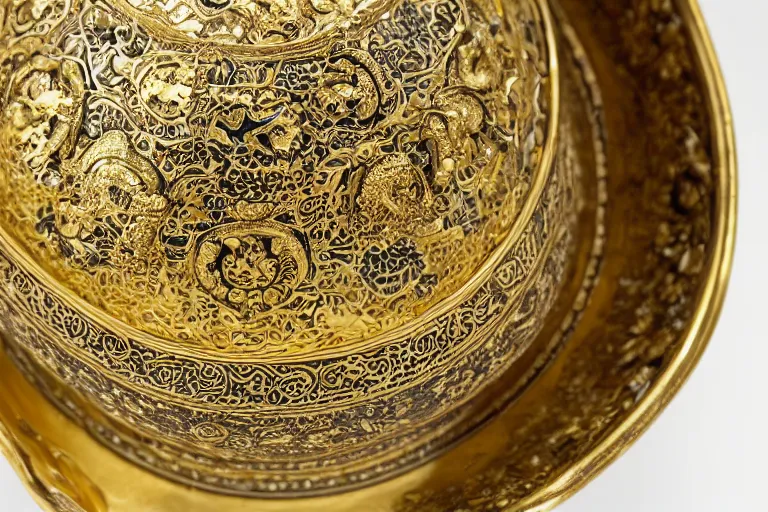 Prompt: an ornate golden bowl of rice, side-view, highly detailed photograph