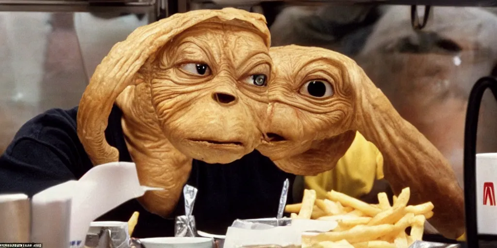 Image similar to e. t sitting in a mc donald ’ s restaurant with an angry expression because he got the wrong hamburger.