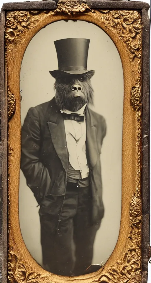 Image similar to a vintage tintype portrait of a dignified bigfoot wearing a top hat and carrying a cane