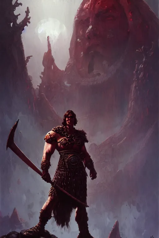 Prompt: conan the eliminator in the style of peter andrew jones and tom bagshaw, fantasy warrior, standing before ancient ruins