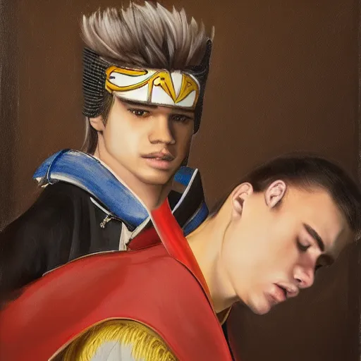 Image similar to a realistic painting by Raffaello Sanzi depicting the Masamune Date with the head of Justin Bieber in the Renaissance,smooth,Sharp focus, trending on Artstation.
