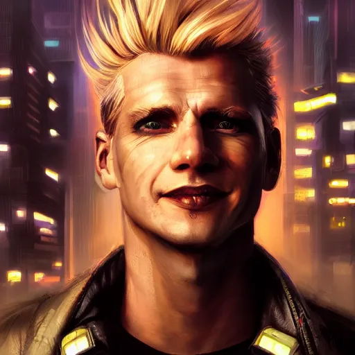 Image similar to cyberpunk, closeup portrait of a cyberpunk entertainer, blond hair, grey eyes, sadistic smile, delicate jaw, dramatic light, city background, sunset, dystopian setting, high contrast, sharp, neuromancer, peter riviera, painted by stanley lau, painted by greg rutkowski, painted by stanley artgerm, digital art, trending on artstation