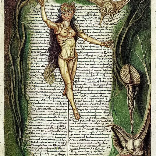 Prompt: page of an old anatomy book of fantastic creatures like leprechauns, fairies, dwarves and other, depicting the anatomy of a female magical fairy with golden green wings, long hair and elven features, old parchment