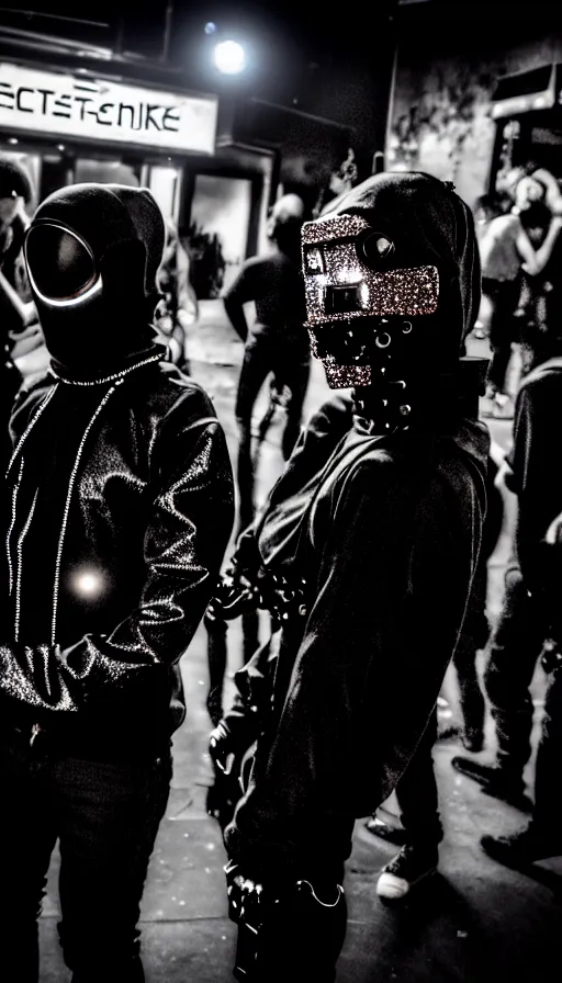 Prompt: photograph from outside of a provocative techwear packed busy rundown nightclub, lots of people, males and females breakdancing, variety of sharp sparkly creepy masks, harnesses and garters, some people holding drinks or have robot limbs or have cybernetic mods, tattoos and piercings, retrofuturism, brutalism, cyberpunk, sigma 85mm f/1.4, 15mm, 35mm, tilted frame, long exposure, 4k, high resolution, 4k, 8k, hd, wide angle lens, highly detailed, full color, harsh light and shadow, intoxicatingly blurry