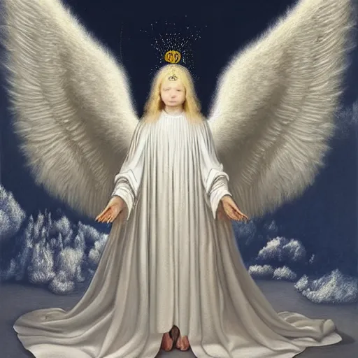 Image similar to highdetailed hyperrealistic painting of white angel!!! no gender!!!, giant ball of miracle light from the chest!!!!!, white sparkles everywhere, 4 k hd fur face!!!, big wings, by jan van eyck, holography space, glow effect, large strokes, soft and clean, white monochrome color!!!!!