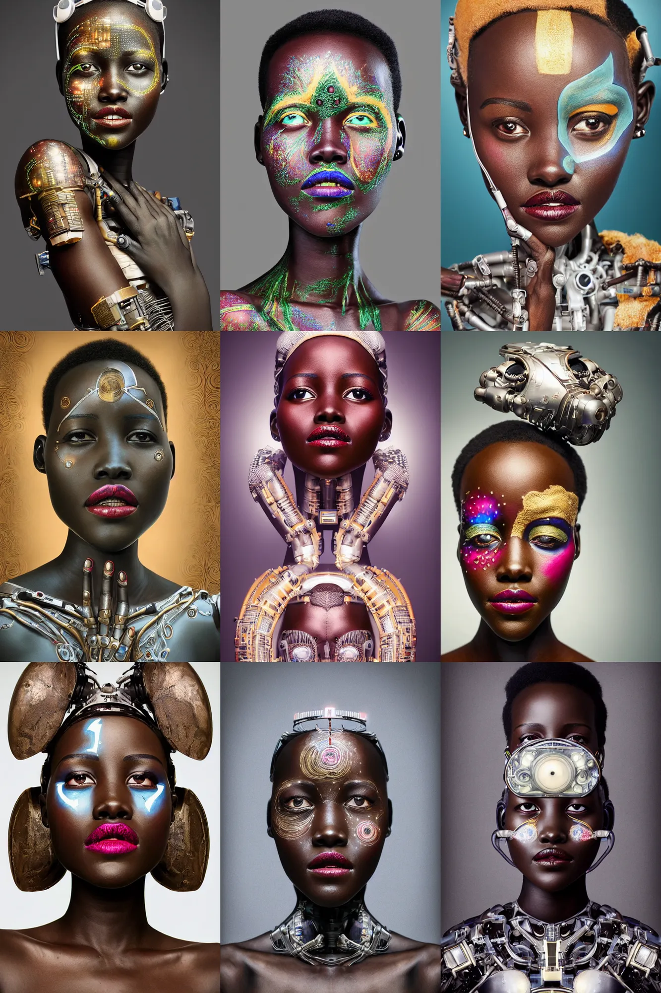Prompt: a beautiful intricate fine art portrait of lupita nyong'o as a humanoid with cybernetic implants, half face painted with face paint, by tom bagshaw and natalie shau, white mechanical industrial robot torso, cybernetic scifi, cyborg, studio lighting, golden ratio composition, deep depth of field, 3 5 mm lens, behance, 8 k, masterpiece!