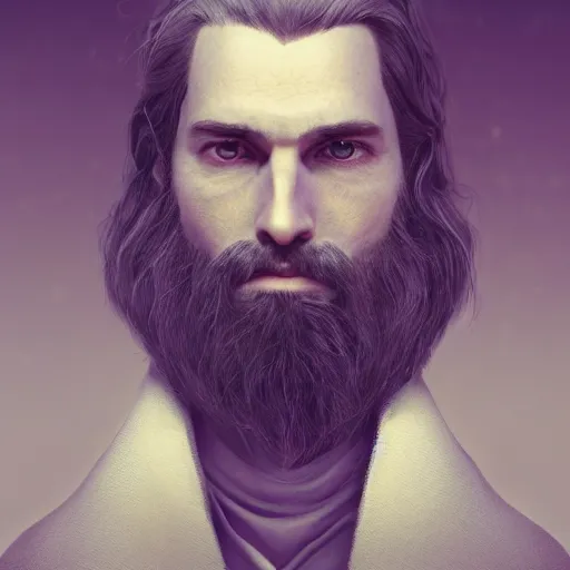 Image similar to a highly detailed portrait of a man without a beard, purple eyes, light gray long hair, wearing a black cloak, artstation, DeviantArt, professional, octane render