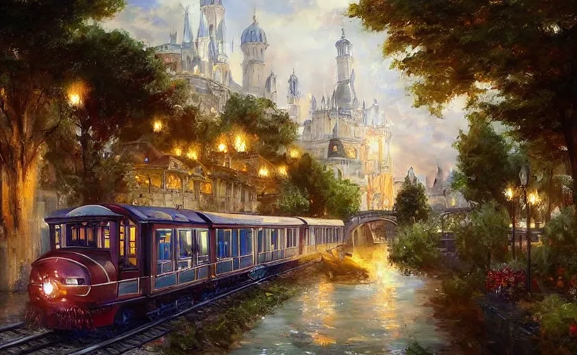 Prompt: Beautiful alchemy urban train that rides inside of a waterway on a fantasy city, next to a fountain and a mystical palace. By Konstantin Razumov, highly detailded