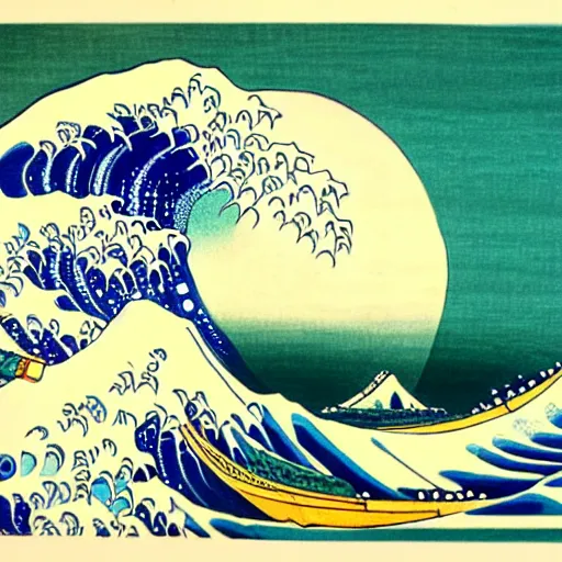 Image similar to surfer girl, woodblock print, style of hokusai, fine art, style of the great wave off kanagawa, painting