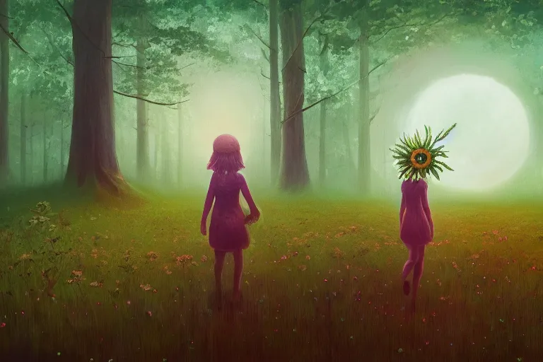 Prompt: giant daisy flower on head, girl walking in forest, big trees, surreal photography, dark night, stars, moon light, impressionist painting, clouds, digital painting, artstation, simon stalenhag
