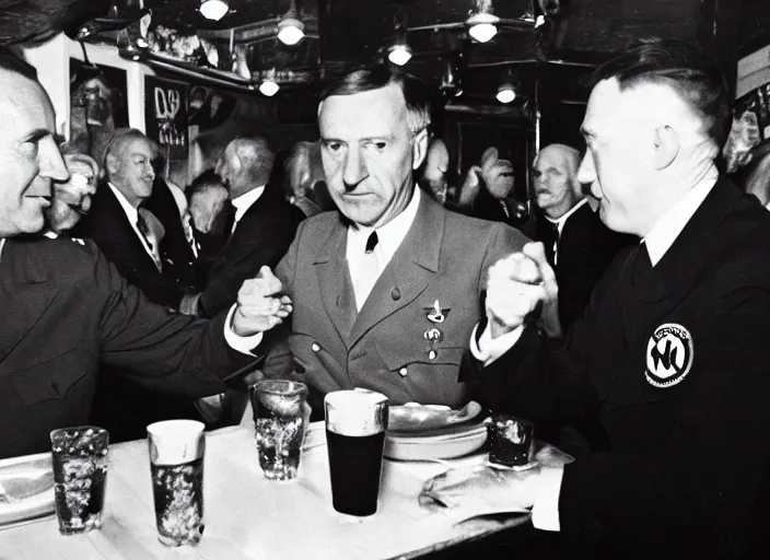 Image similar to Joe Biden and Adolf Hitler, having dinner at a Dive bar restaurant, award winning cinematic photography, 50 mm, blurred background, trending on twitter