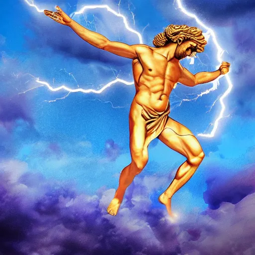 Prompt: A painting of the greek god zeus hovering in the sky, lightning flashing around him, digital art