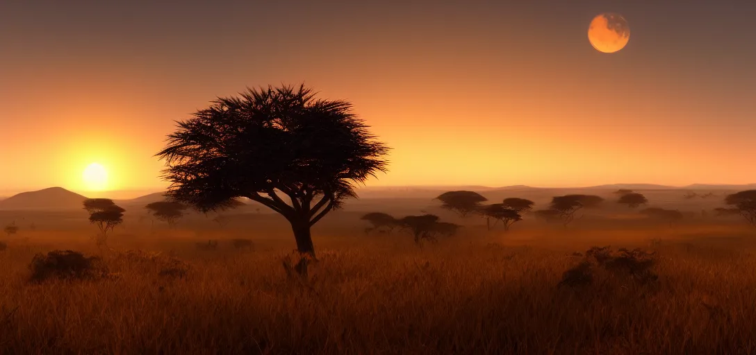 Image similar to epic view of beautiful african savannah at sunset, clear skies, there are hills in the far background distance, unreal engine, dramatic lighting, detailed, ambient occlusion, global illumination, crepuscular rays, 3 d artstation render by greg rutowski and jessica rossier