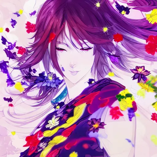 Image similar to background art of spaciously scattered multi colored flower petals flowing through the air from left to right on a clean background, anime, artgerm, manga, trending on artstation, yoji shinkawa, art nouveau