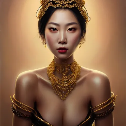 Prompt: expressive oil painting, of alluring asian princess, seductive look, smooth glowing skin, glistening body, love, adoration, ornate headpiece of black beads, glamour shot, slim, by yoshitaka amano, by greg rutkowski, by jeremyg lipkinng, by artgerm, digital art, octane render, white dress