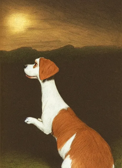 Image similar to candid portrait of jack russel dog looking up barking, from behind, night sky, highly detailed, side view, illustrated by peggy fortnum and beatrix potter and sir john tenniel