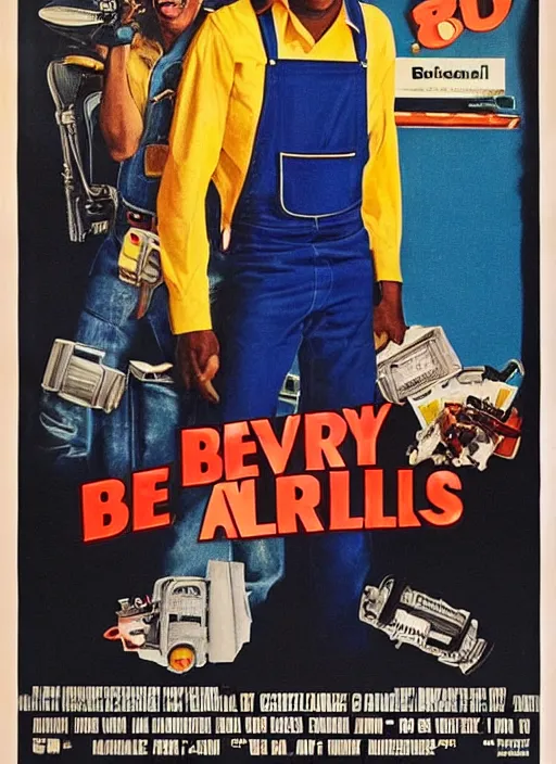 Image similar to an 8 0's john alvin action movie poster starring eddie murphy face as a plumber to rich people. bathroom. overalls. tool belt. the movie is called beverly hills crap