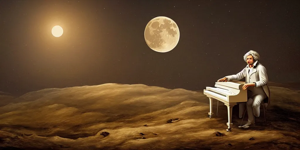 Prompt: digital art, trending on artstation, beethoven playing piano on the moon, lunar landscape, moody