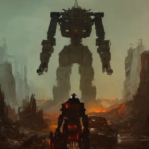 Image similar to giant robots in a post apocalyptic earth as seen by greg rutkowski, dark theme, enchanted, warm colors, high quality, waw, trending on artstation