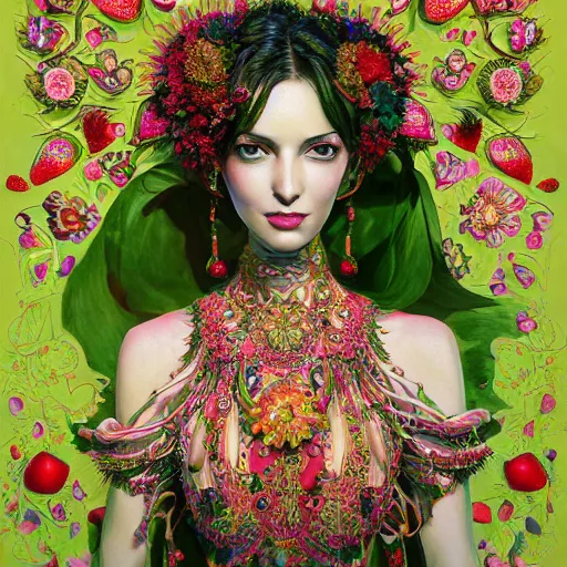 Prompt: the portrait of an absurdly beautiful, graceful, elegant, sophisticated, fashionable ethnic woman made of strawberries and green petals looking up, an ultrafine hyperdetailed illustration by kim jung gi, irakli nadar, intricate linework, bright colors, octopath traveler, final fantasy, unreal engine 5 highly rendered, global illumination, radiant light, detailed and intricate environment