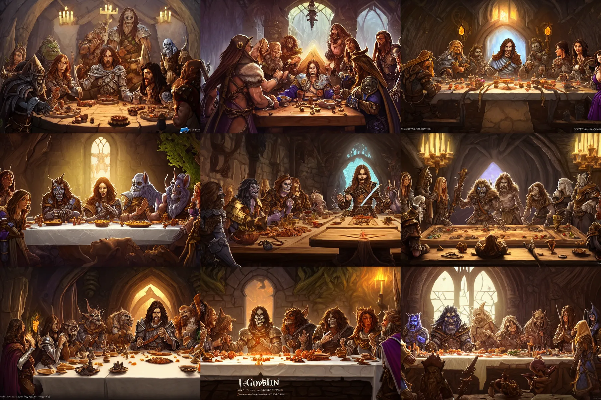 Prompt: dnd last supper, kate beckinsale as paladin at center, goblin, mage, skeleton, orc, troll, golem, 8 k, deep focus, d & d, fantasy, intricate, elegant, highly detailed, digital painting, artstation, concept art, matte, sharp focus, illustration, hearthstone, art by alphonse mucha