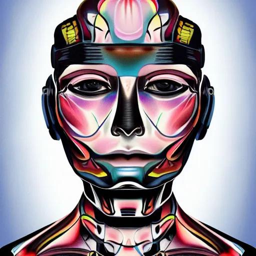 Image similar to A highly stylized digital HD painting of the face of a tattooed robot