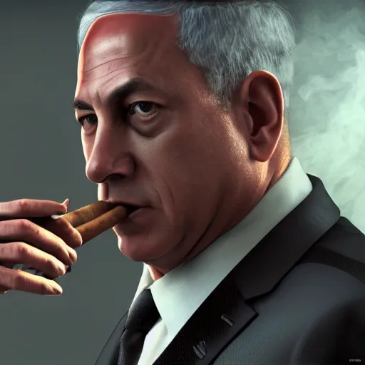 Image similar to a portrait of benjamin netanyahu as an advanced cyborg smoking a cigar, smoke in background, grainy, dramatic lighting, octane render, neutral colors, sharp, 4 k