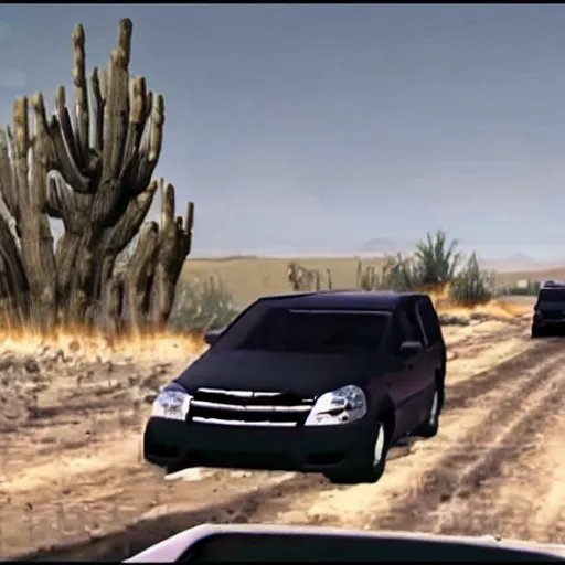 Image similar to scp foundation redacted video footage of scp - 0 9 6 attacking a minivan with a traffic jam in a desert highway.