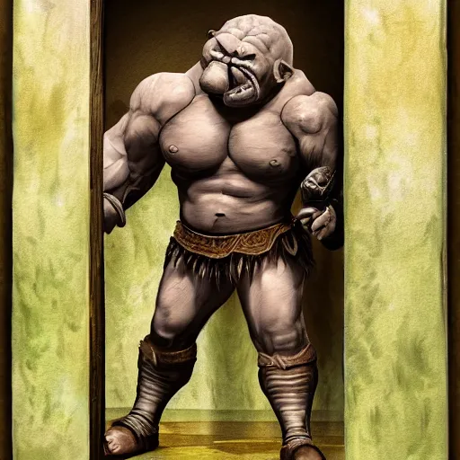 Prompt: large muscular ogre wearing armor and yelling while breaking through a door, dnd, fantasy art, nikon 35 mm