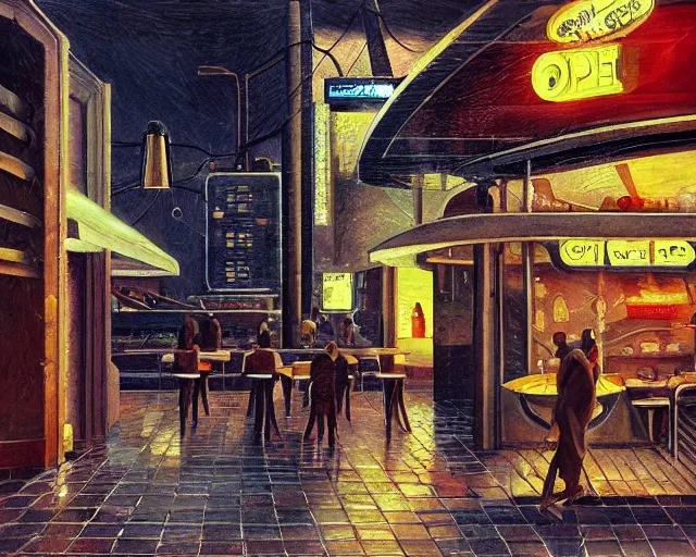 Image similar to last open food place in a cyberpunk city on a rainy melancholy night by de chirico