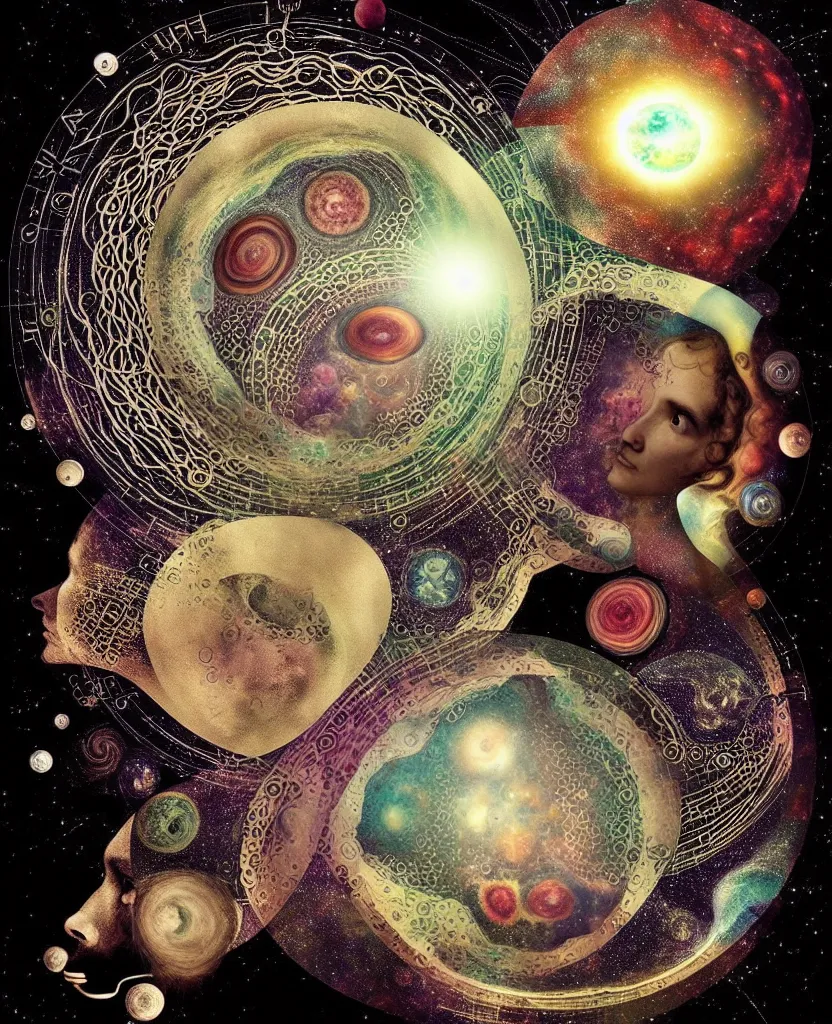 Image similar to inside the universe of a human body soul, whimsical uncanny creature alchemizes unique canto about'as above so below'being ignited by the spirit of haeckel and robert fludd, breakthrough is iminent, glory be to the magic within, to honor jupiter, surreal collage by ronny khalil