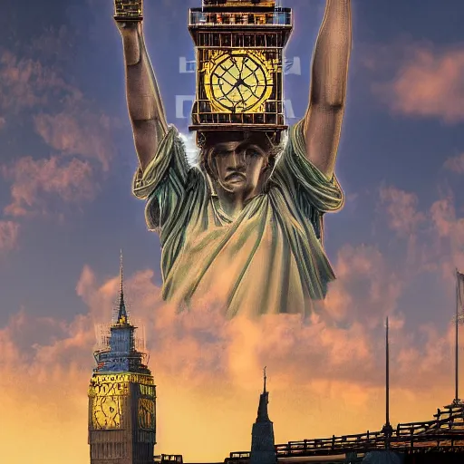 Image similar to The Statue of Liberty and Eiffel Tower at background of London Big Ben, photorealism, wide angle, concept art, cinematic atmosphere, elaborate, highly detailed, ornate, shiny, dramatic lighting, octane render, 4k, by Peter Kemp