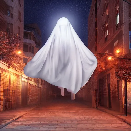 Image similar to digital portrait of ghost under a sheet, floating over a city sidewalk, city night lights, spooky Halloween fun, trending on artstation, 8k, 4k, volumetric lighting, unity