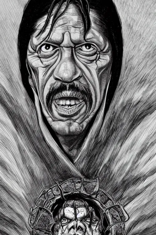 Prompt: portrait of Danny Trejo as church nun, dark fantasy, highly detailed, artstation, manga illustration by Kentaro Miura berserk