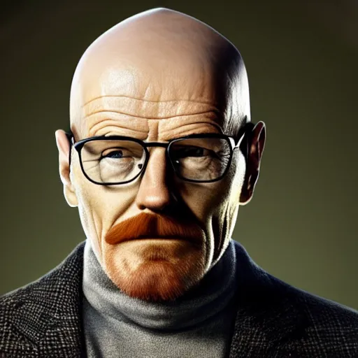 Prompt: Bald Bryan Cranston with a mustache and with aviators and a grey beanie while wearing a black turtleneck and plaid green blazer with golden chains around his neck, Realistic, Hyperrealistic, HD Quality, 4k Resolution, 8k Resolution, Detailed, Very Detailed, Highly Detailed, Studio Quality Lighting, Real Life, Portrait, Photograph