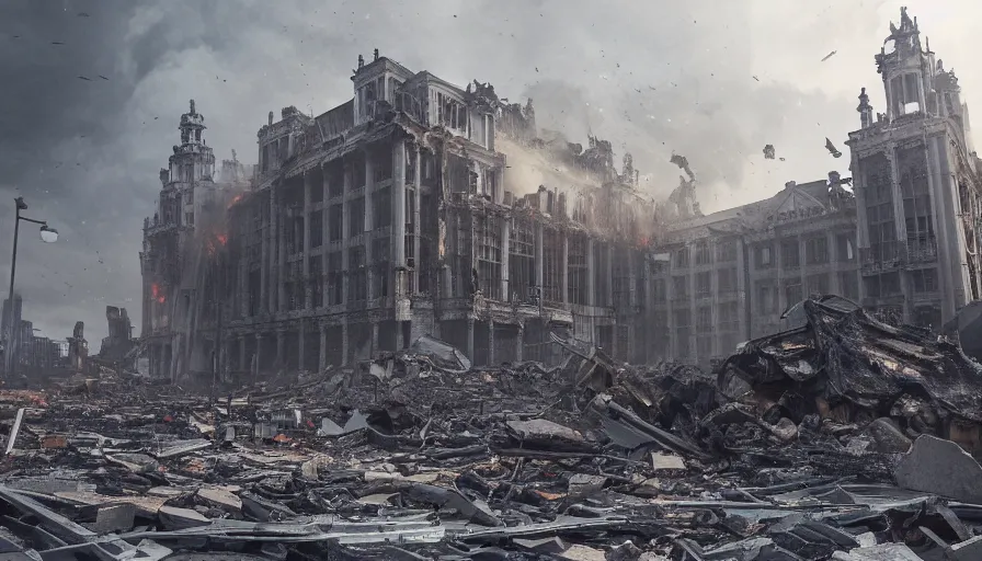 Prompt: destroyed palace of justice of brussels on fire, grey sky, debris, collapsing, hyperdetailed, artstation, cgsociety, 8 k