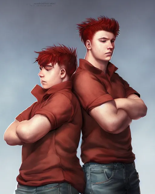 Image similar to portrait of short and stocky, 1 9 - year - old male twins with red hair and freckles, hyper realistic face, beautiful eyes, character art, art by mark brooks, hyperdetailed, cryengine, trending on artstation, digital art