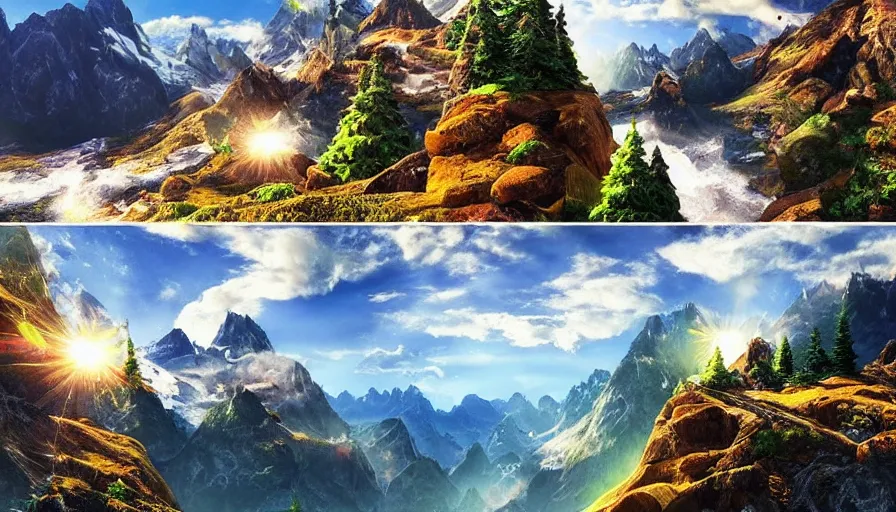 Image similar to beautiful mountain landscape photography in the style of super mario galaxy, realistic soft lighting, canon nikon, instagram photo amazing view, sunny at noon