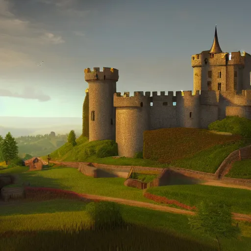 Prompt: a beautiful landscape with a couple of castles in a couple of farms next to the castle interact with the lighting super duper hyper - realistic