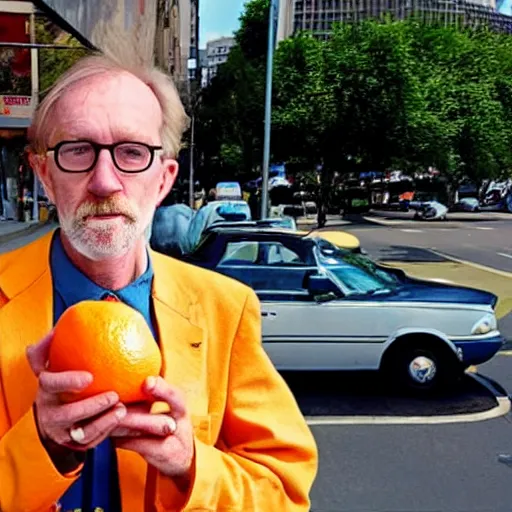 Prompt: photograph of hugh hopper on a street corner eating an orange holding a pepsi