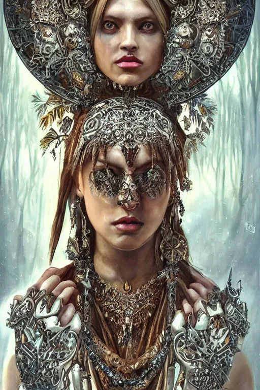 Prompt: oil painting of fantasy female warrior, symmetrical beautiful clean face, intricate jewellery, filigree armour, tribal tattoos, big earrings, shining eyes, crystals, covered in plants, standing in the mystical forest, realistic oil painting, baroque, renaissance painting, dramatic, cinematic light, trending on artstation, rule of thirds, highly detailed, 8 k