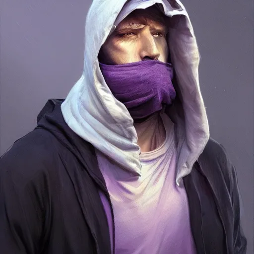 Image similar to ultra realistic illustration, man in a black hood, in a striped purple balaclava, mysterious, highly detailed, digital painting, artstation, concept art, smooth, sharp focus, illustration, art by artgerm and greg rutkowski and alphonse mucha