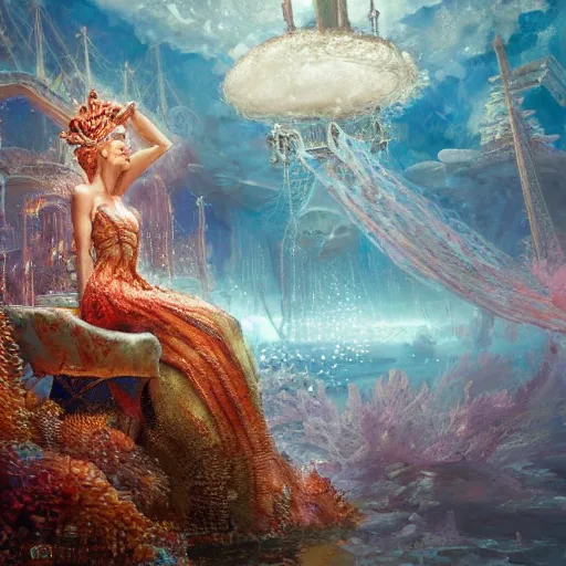 Prompt: Oil painting of underwater town, sea queen wearing a detailed dress with coral, D&D, Magic The Gathering, by Craig Mullins, intricate details, light rays from the surface, Nekro, Victo Ngai, centered, symmetrical, volumetric lighting