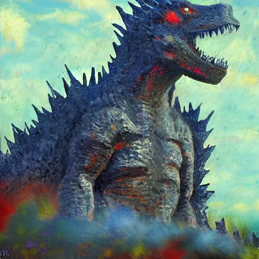 Image similar to impressionist painting of Godzilla in the style of Charles R. Knight