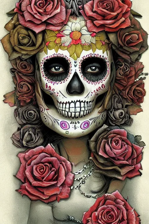 Image similar to Illustration of a sugar skull day of the dead girl, art by Andrew Ferez