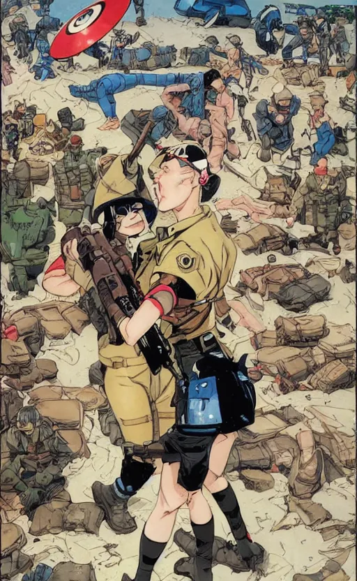 Prompt: marvel coloring, anime style, side portrait of a girl, trench and sandbags in background, soldier clothing, short hair, hair down, symmetrical facial features, norman rockwell, tom lovell, alex malveda, jack kirby, greg staples