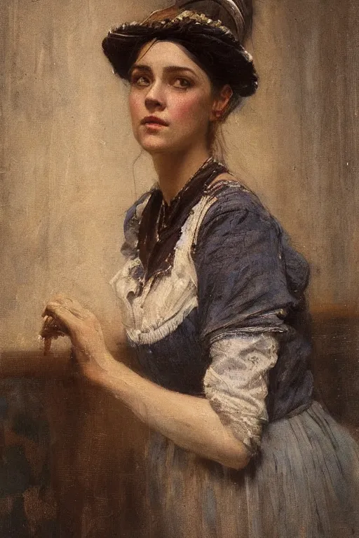 Prompt: Solomon Joseph Solomon and Richard Schmid and Jeremy Lipking victorian genre painting full length portrait painting of a young beautiful woman traditional german barmaid in traditional costume